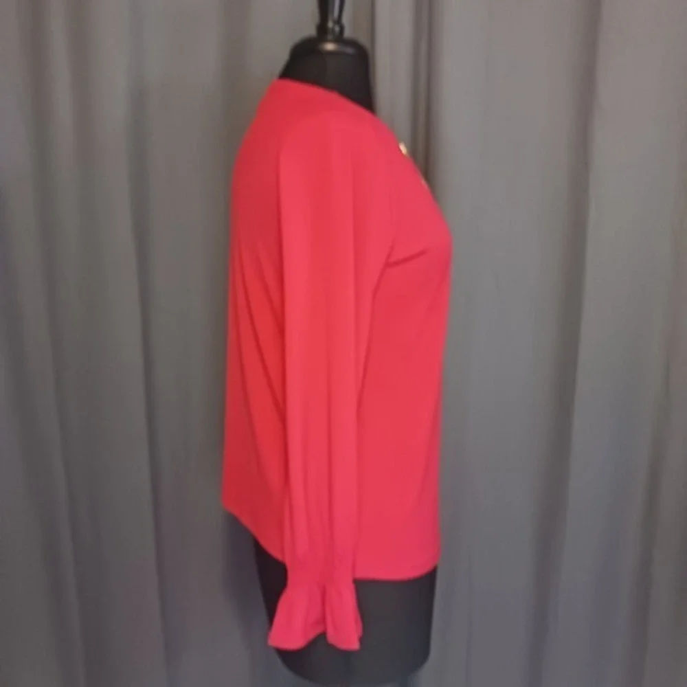 Michael Kors Red Blouse Top Gold Grommet V Neck‎ Long Sleeve Ruffle Cuff small